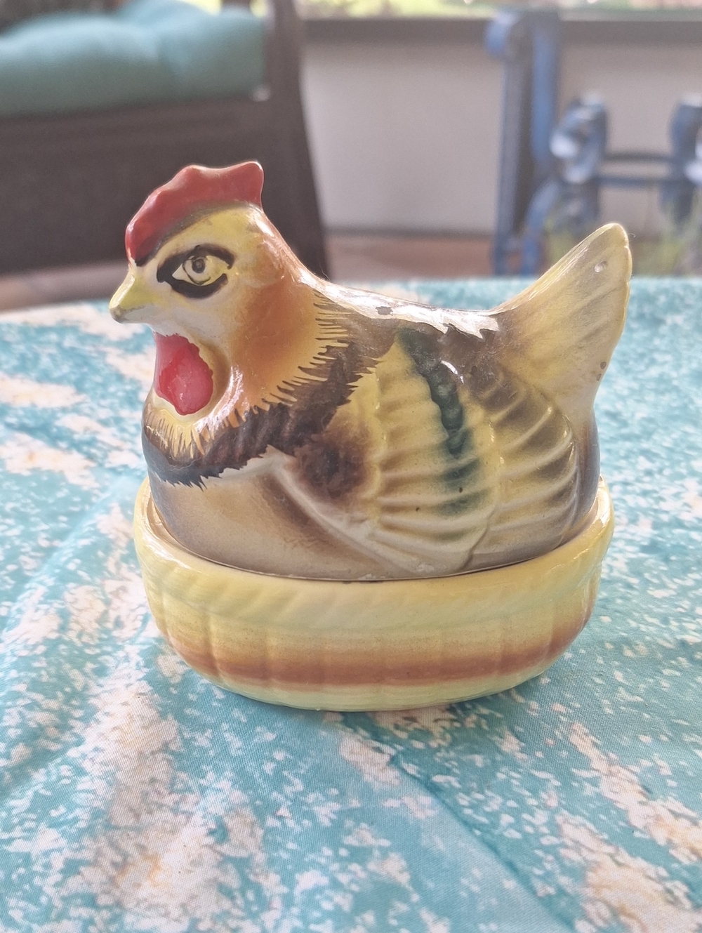 Vintage Ceramic Hen on Nest Salt & Pepper Set, Yellow, Brown & Red